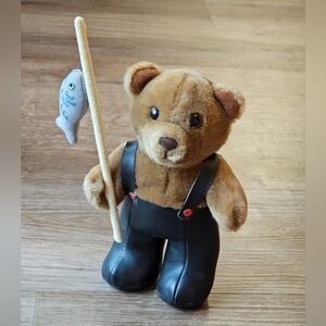 Vintage 1985 Dakin fishing bear in leather overalls with fish/fishing pole